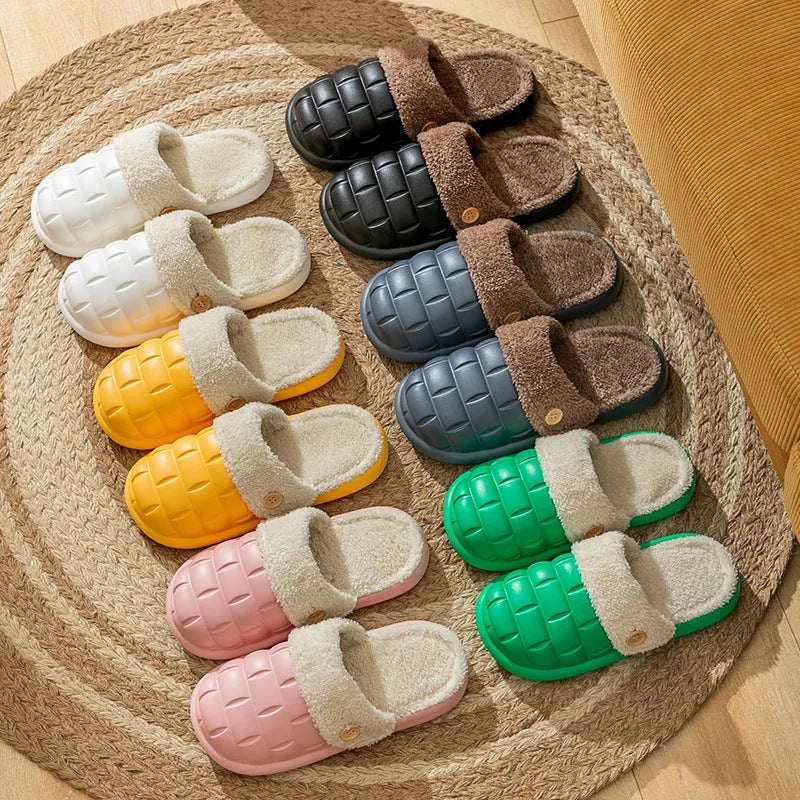Pink and grey detachable EVA slippers with plush lining and a textured non-slip sole.