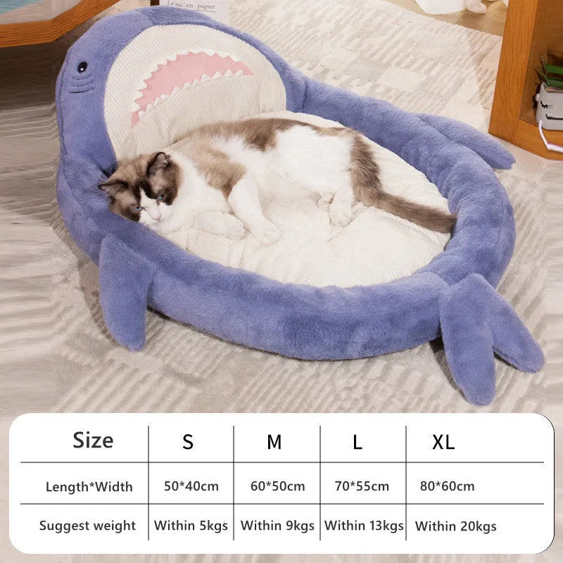 Blue shark pattern velvet pet bed cushion for small dog on floor