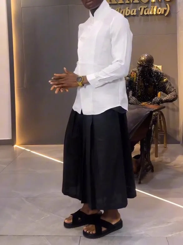 White asymmetric front long sleeve shirt with black pleated trousers casual set