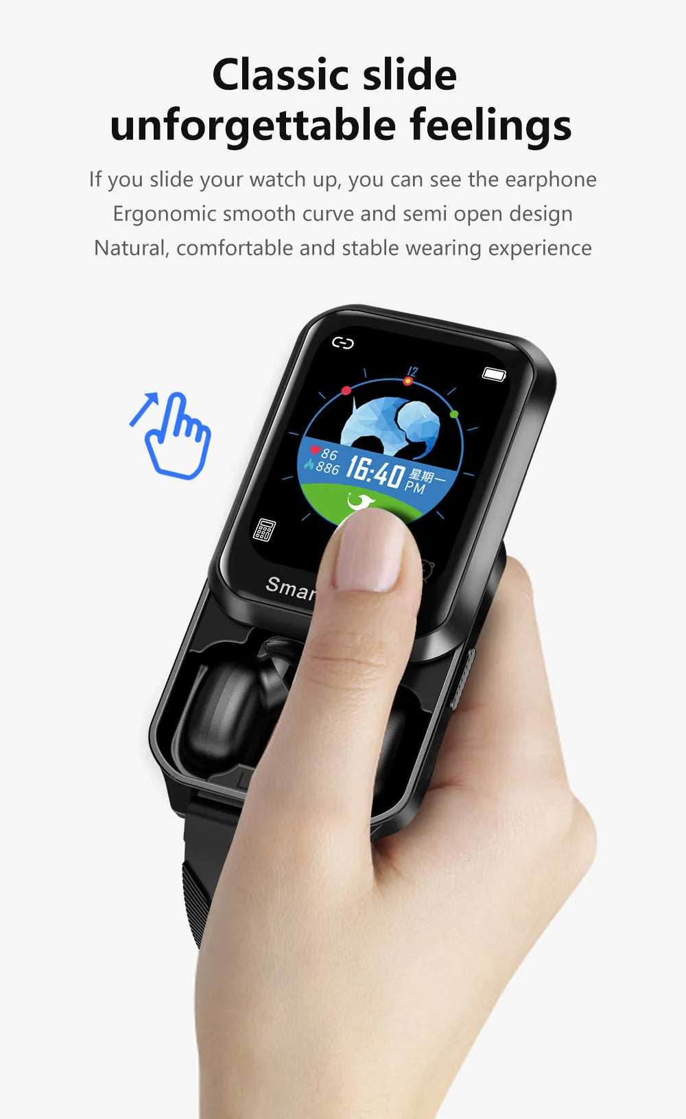 Bluetooth smart bracelet with 1.78-inch touchscreen display on silicone wristband in black colour