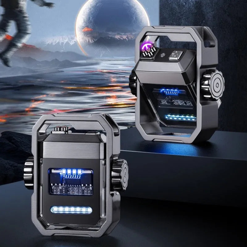 Blue zinc alloy windproof arc lighter with folding design and visible rotary gyroscope mechanism