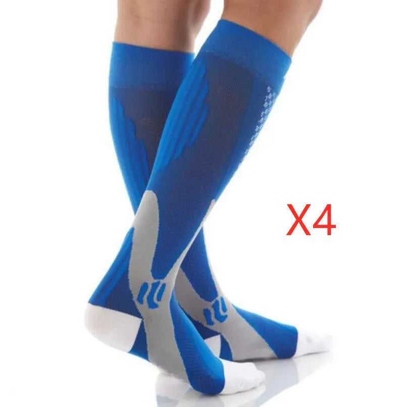 Graduated compression socks for men and women in black, blue, orange, pink, and white colour options