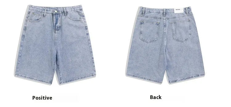 Men's light blue straight-leg denim shorts with five pockets on a mid waist.