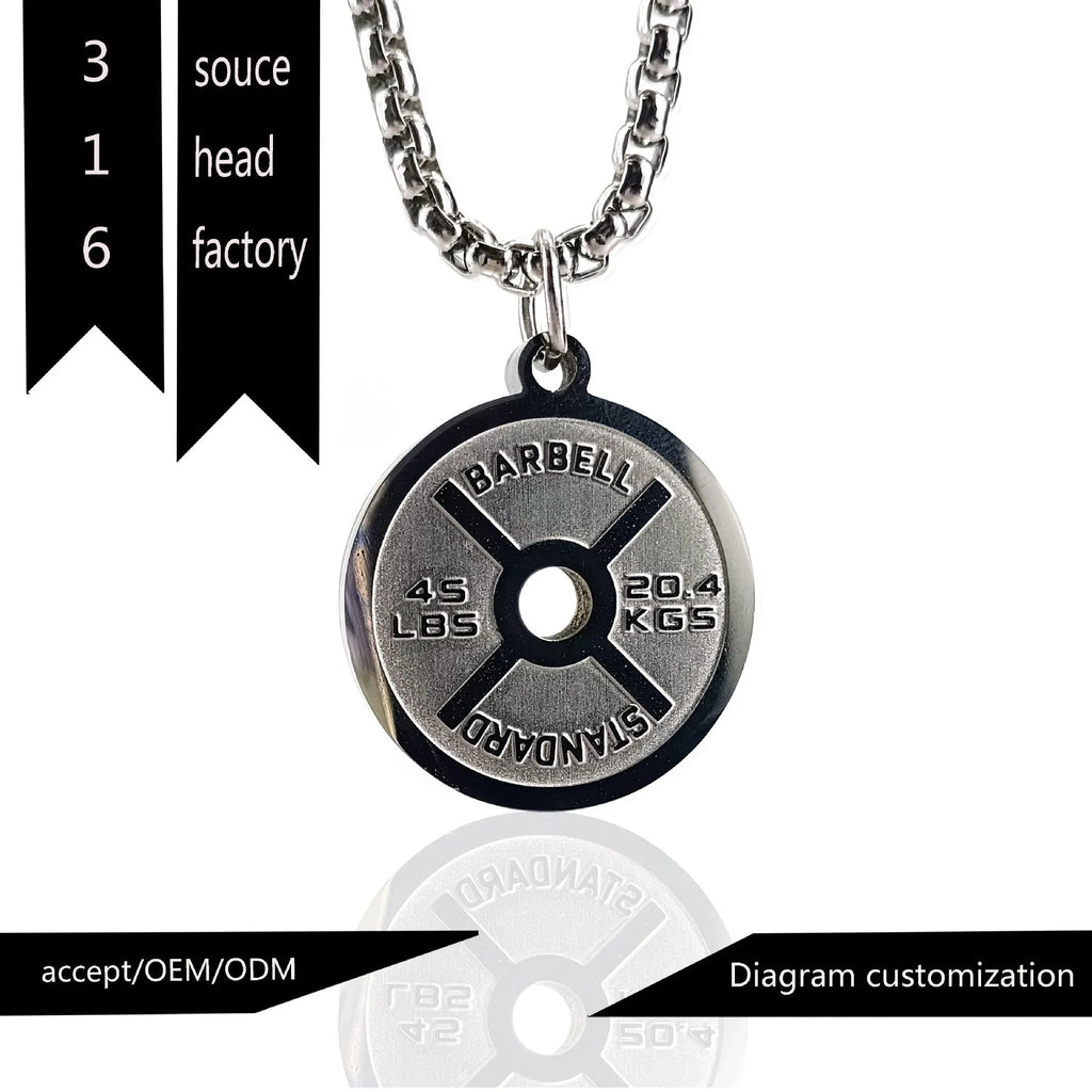 Polished stainless steel geometric barbell disk pendant necklace on a choice of chains.