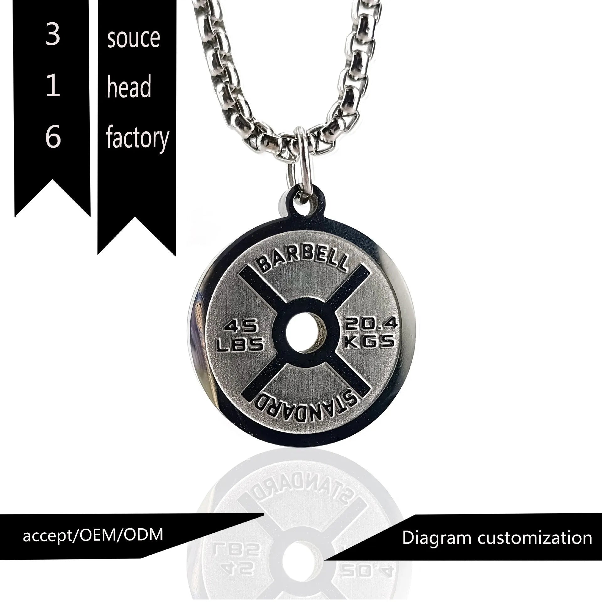 Polished stainless steel geometric barbell disk pendant necklace on a choice of chains.