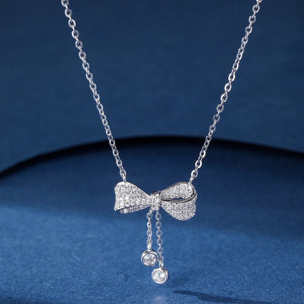 S925 sterling silver bow pendant necklace with O-ring chain in silver colour