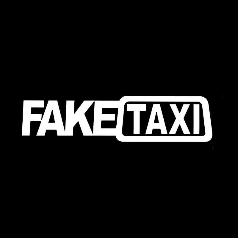 Yellow Fake Taxi waterproof car sticker on a vehicle window, showing 20cm by 8cm size.