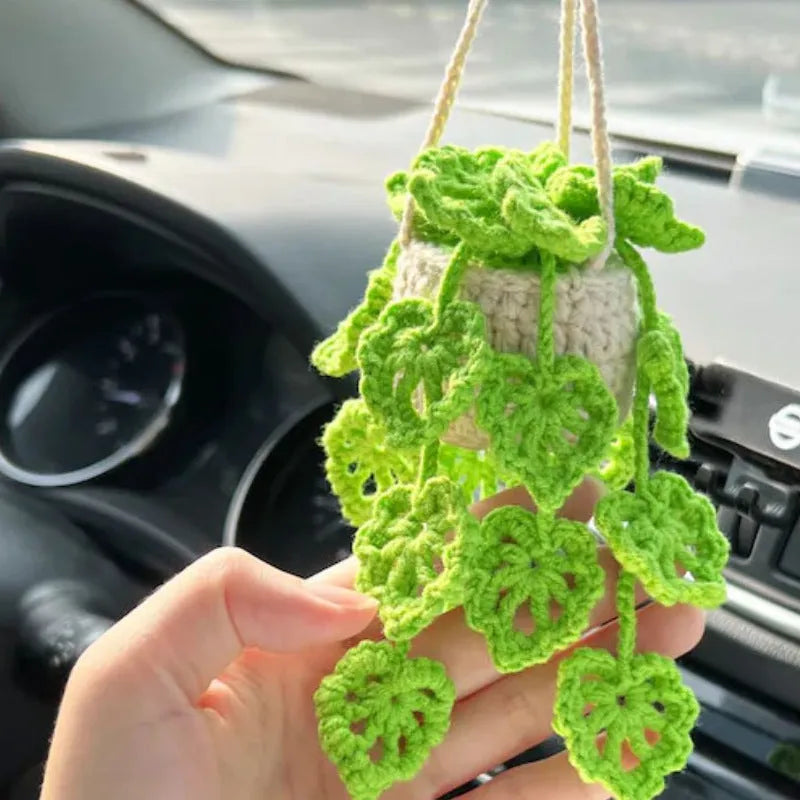 Green and white knitted wool car plant decoration hanging from 25cm white rope