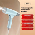 Blue or white handheld garment steamer with compact design and mechanical controls