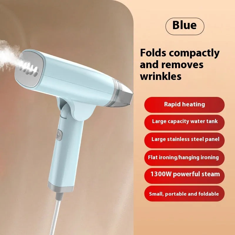 Blue or white handheld garment steamer with compact design and mechanical controls