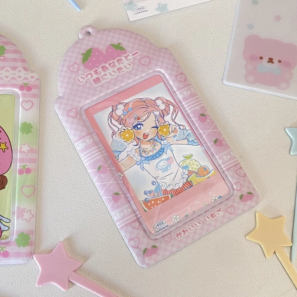 Plaid cartoon strawberry design PVC card holder pendant showing 7.6 by 13.6 cm sleeve