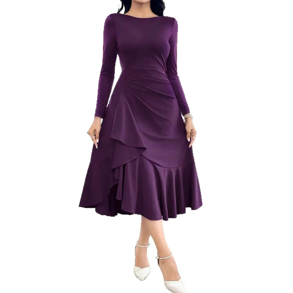 Purple women's long sleeve dress with round neck and ruffle details on a hanger.
