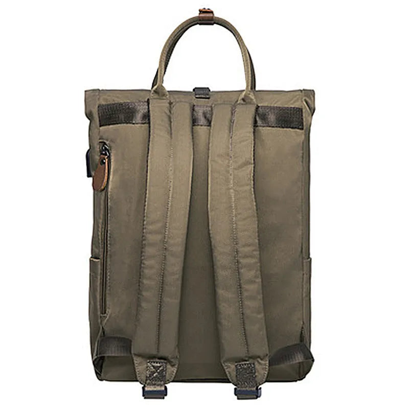 Men's casual polyester backpack in black, showing front view and open compartment with laptop pocket.