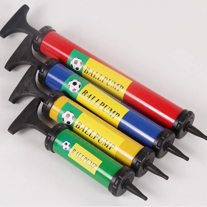 Plastic manual hand pump for inflating sports balls and balloons, shown in mixed colour.