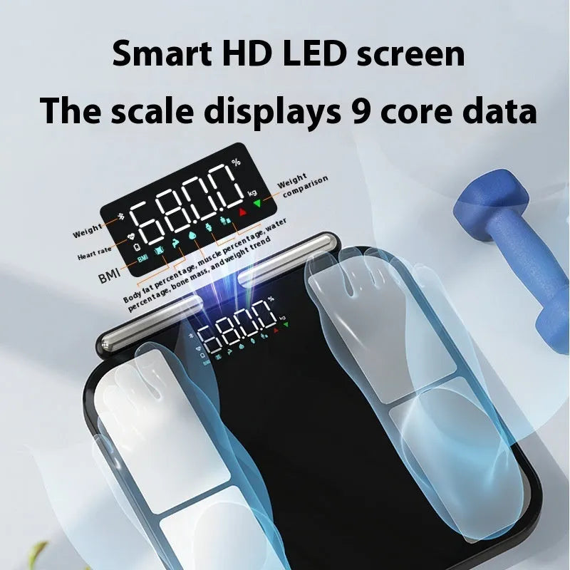 Black electronic weighing scale with tempered glass platform and colour screen displaying body fat percentage.