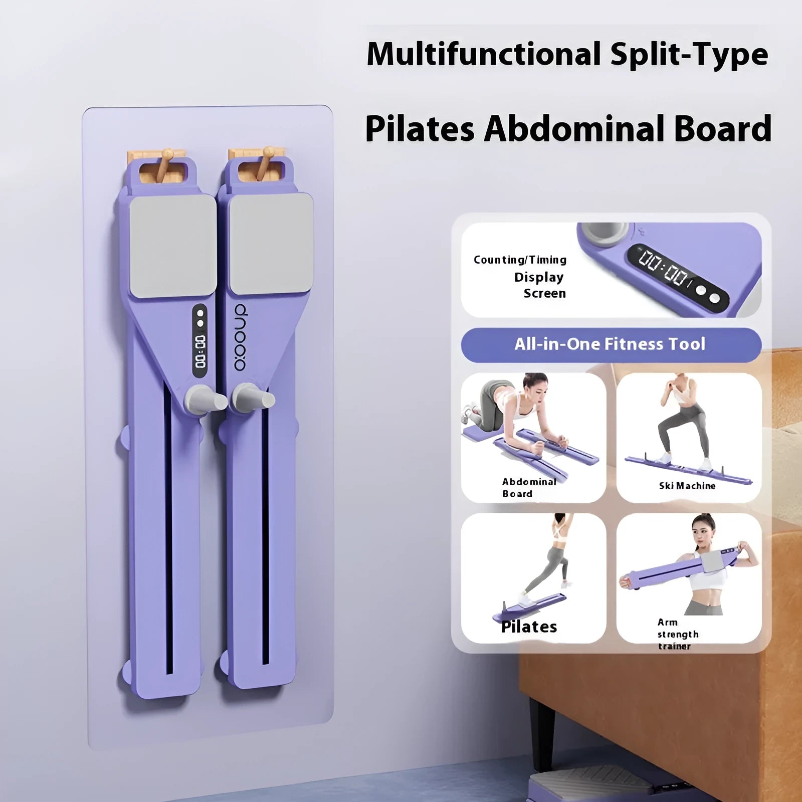 Purple and pink multifunctional split ski machine trainer with PP plastic construction on white background