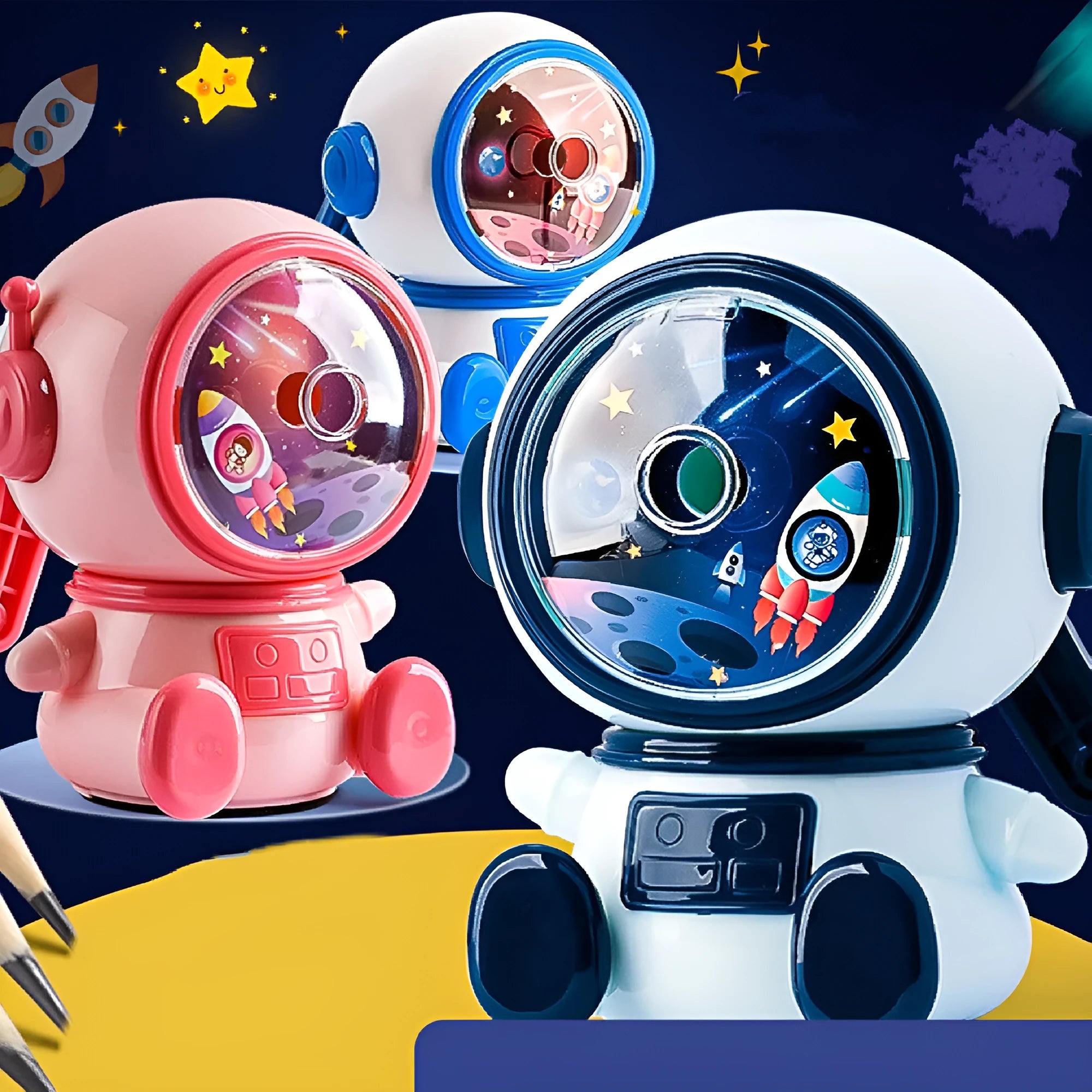 Blue astronaut pencil sharpener with manual operation and anti-jam mechanism
