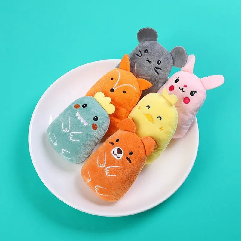 Small colourful plush cat toy with catnip and squeaker for chewing and interactive play
