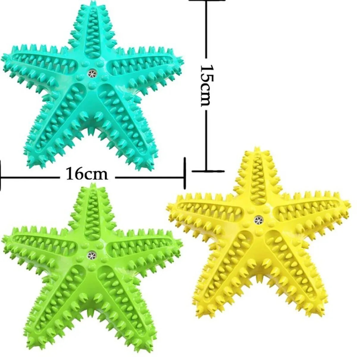 Blue, green, or yellow starfish-shaped edible TPR dog toy for large dogs with squeaky dental chew design