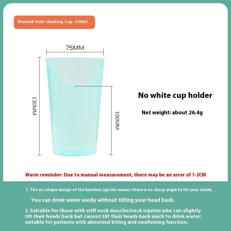 White PP plastic bedside drinking cup with slanted choke-proof spout, handle, and a blue lid