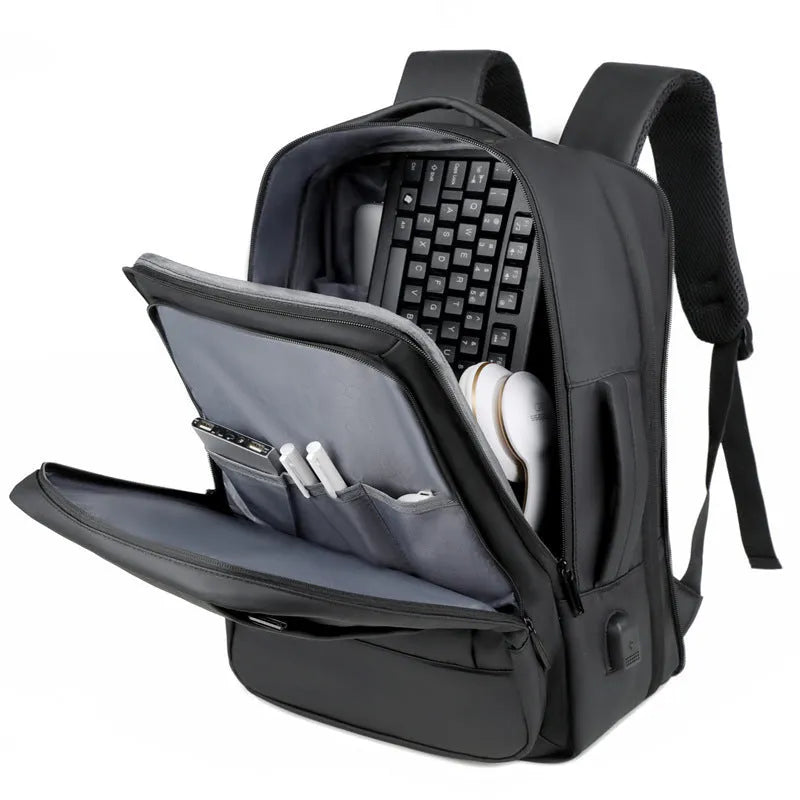 Waterproof Oxford cloth business backpack with curved shoulder strap in black colour