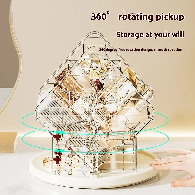 Rotating cosmetics storage box showing 360° rotation mechanism with clear acrylic design
