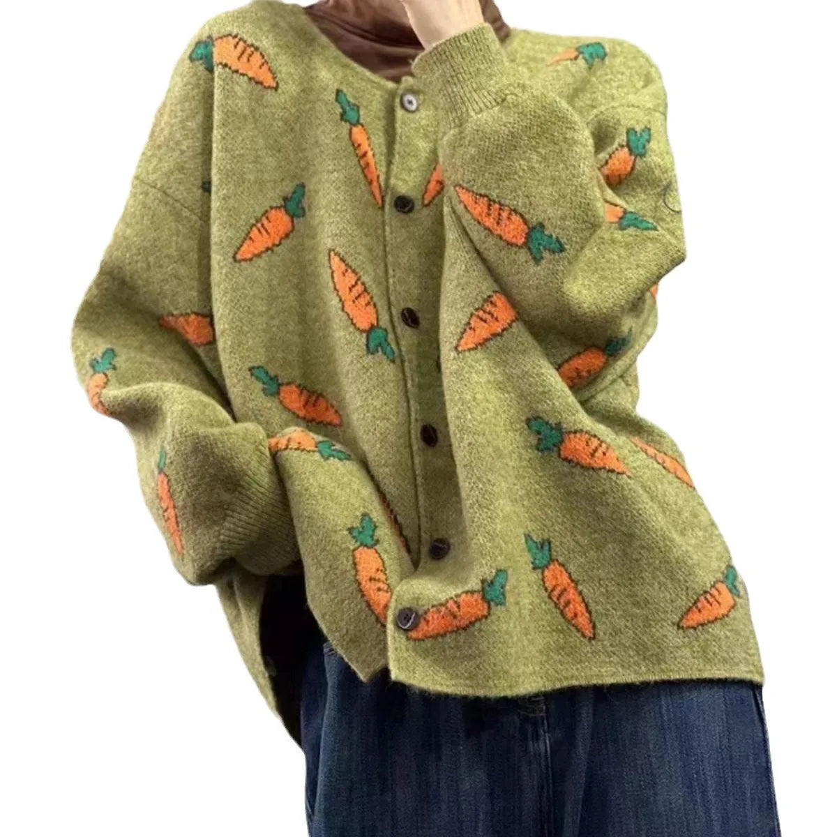 Round neck casual cardigan with Mori artistic printing colour contrast loose fit styling