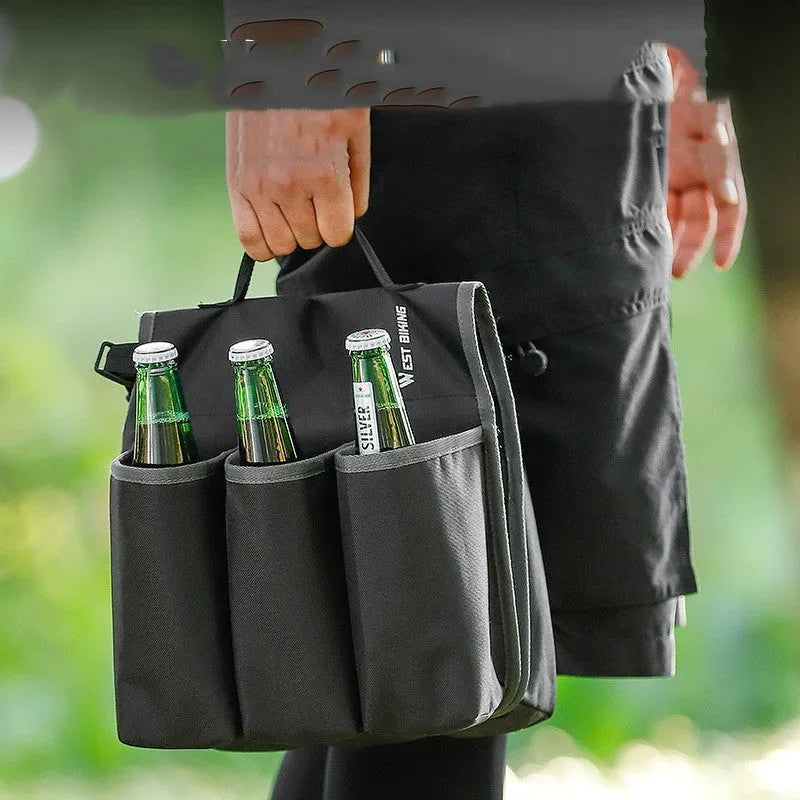 Black bicycle double-sided drink storage bag mounted on bike frame