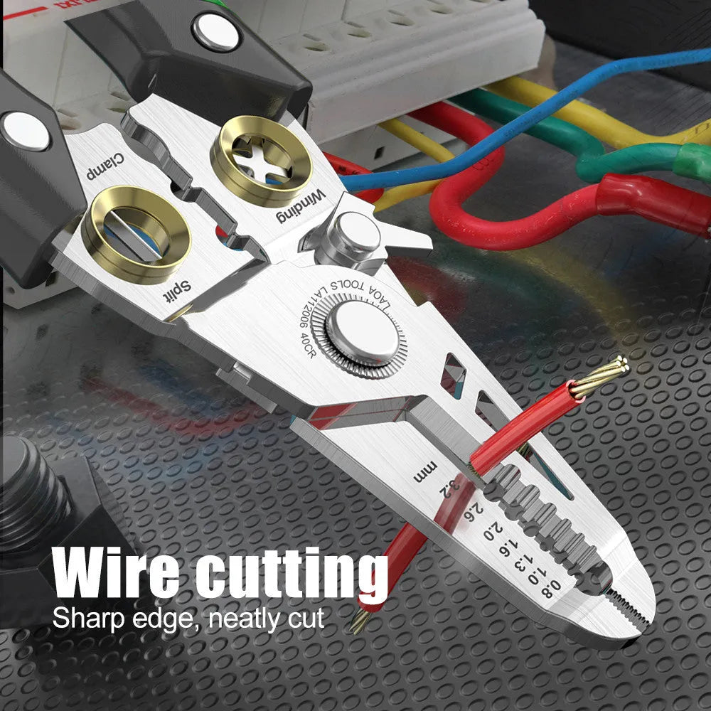Multifunctional stainless steel wire stripper with 7 stripping ports and two-colour ABS handle.