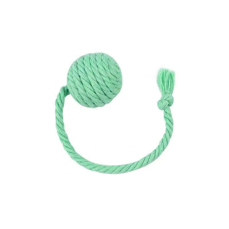 Colourful cat toy ball with rope attachment and built-in bell for interactive play