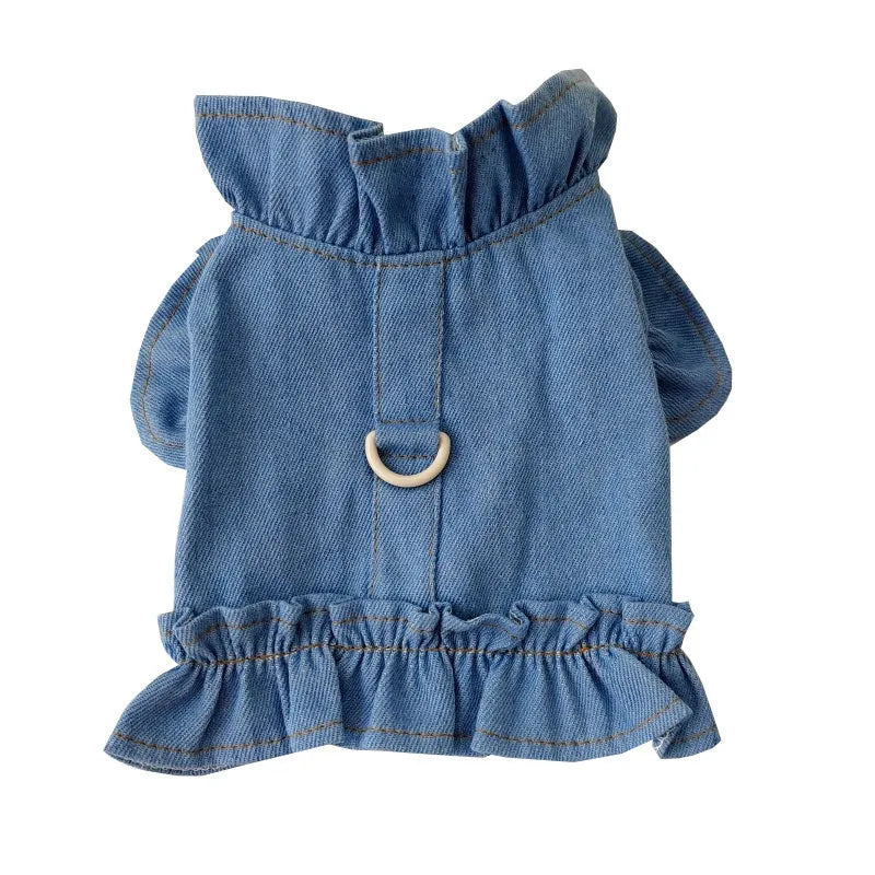 Blue denim dog dress with ruffle vest design and chest leash hook in various sizes