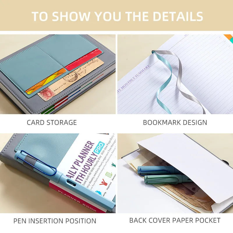 No-date notebook with elastic strap closure shown in purple, matcha green, and pink colour options