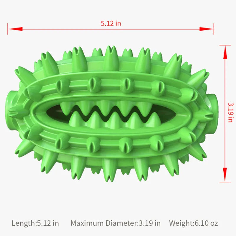 Green cactus-shaped dog chew toy with textured bumps for dental cleaning, showing central treat channel