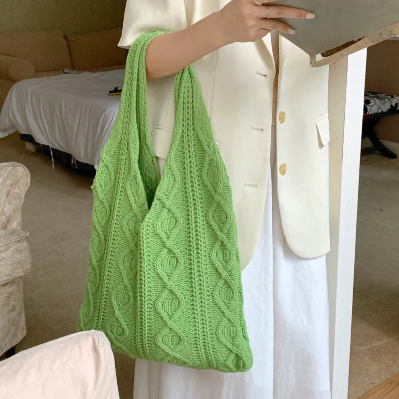 Women's retro hollow knitted woolen yarn shoulder tote bag in crochet texture with double straps