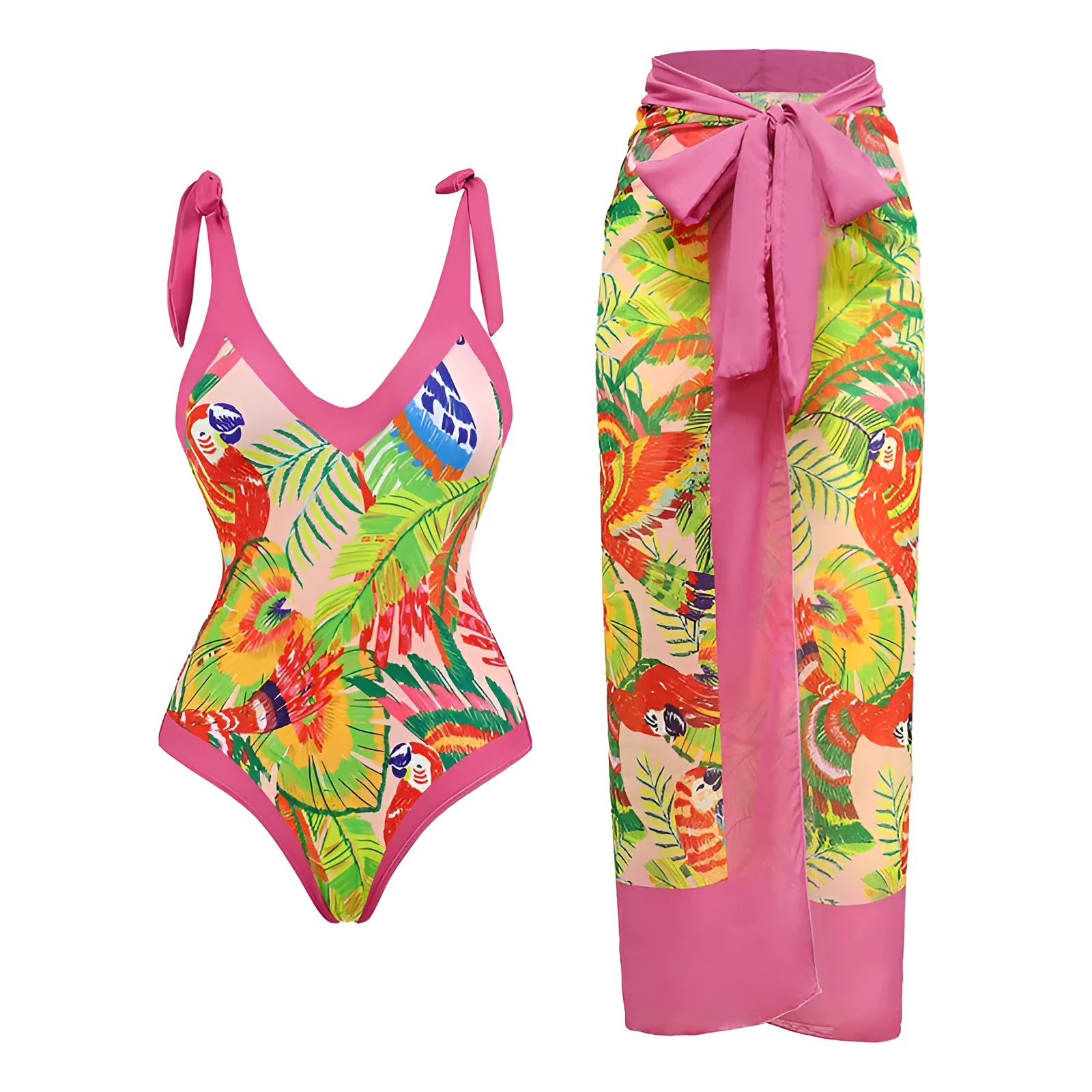 Women's solid colour one-piece swimsuit with spaghetti straps and an attached skirt.