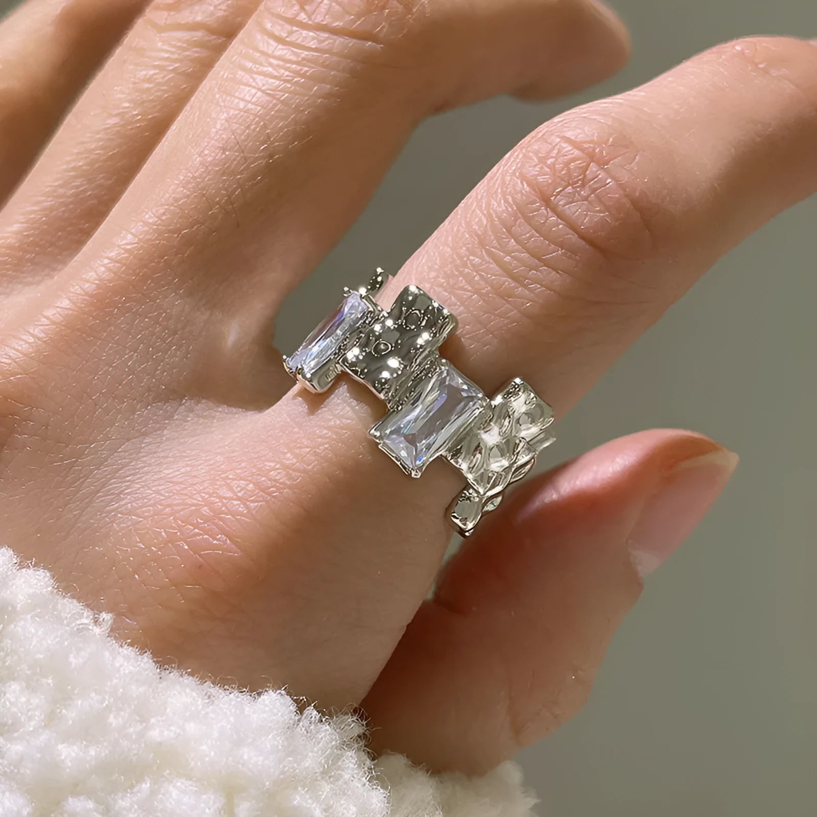 Geometric open silver ring with cross zircon gemstones and three-dimensional decoration