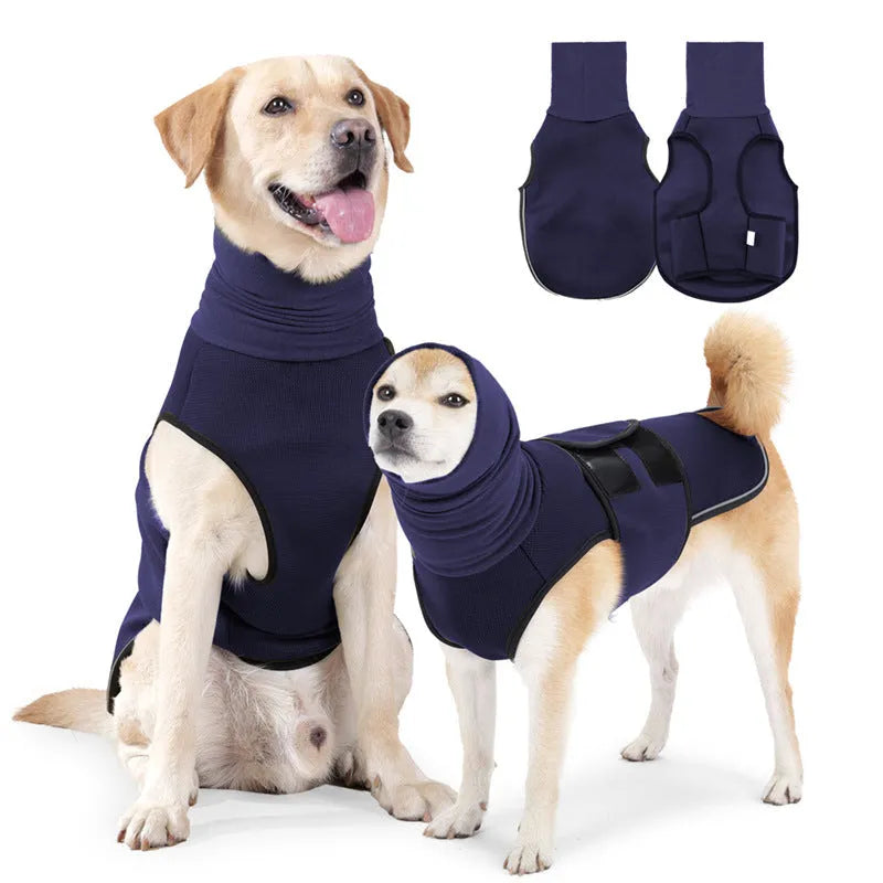 Army green dog calming anxiety relief jacket on a medium-sized dog