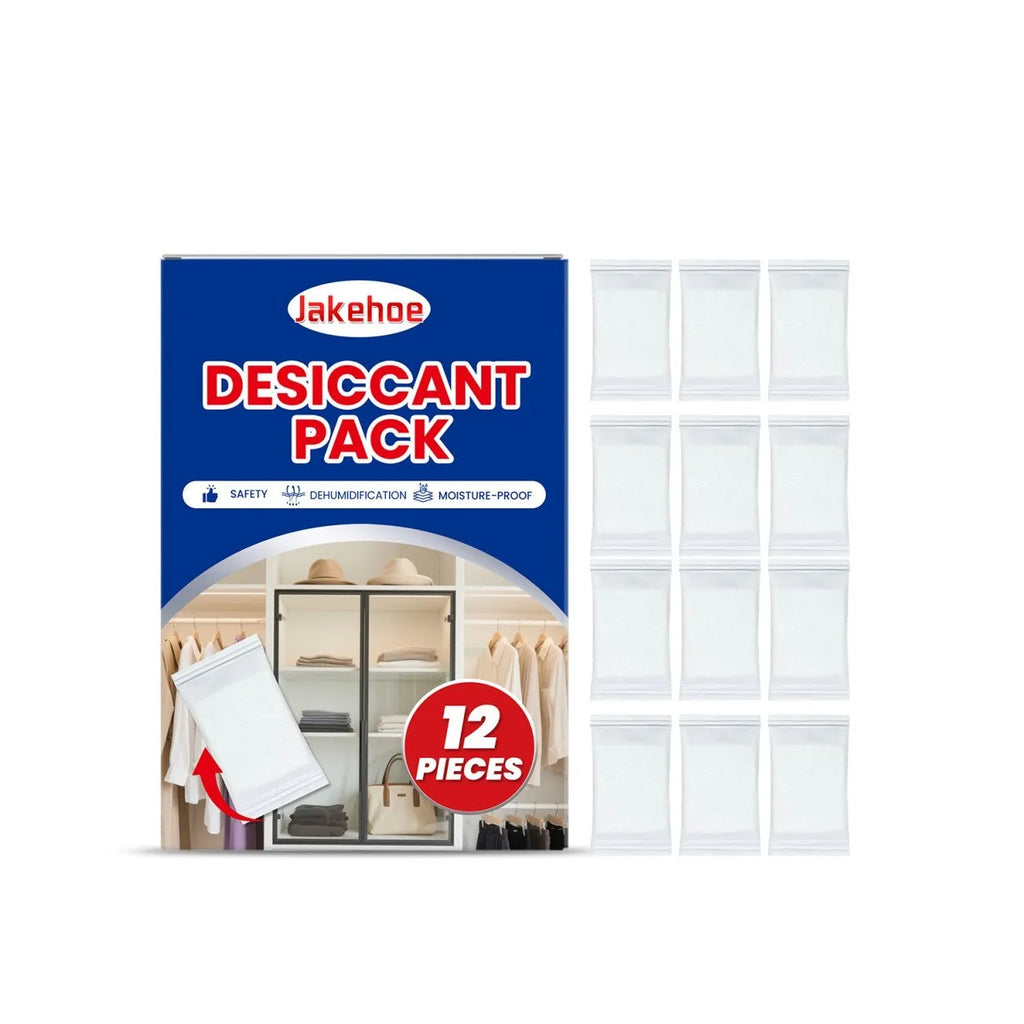 Pack of 12 white calcium chloride desiccant sachets for household moisture and odour control.