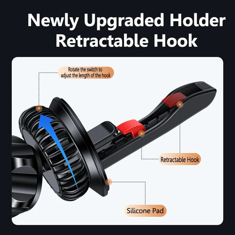 Black magnetic car air vent phone holder with snap-on bracket shown mounted on a vehicle vent.