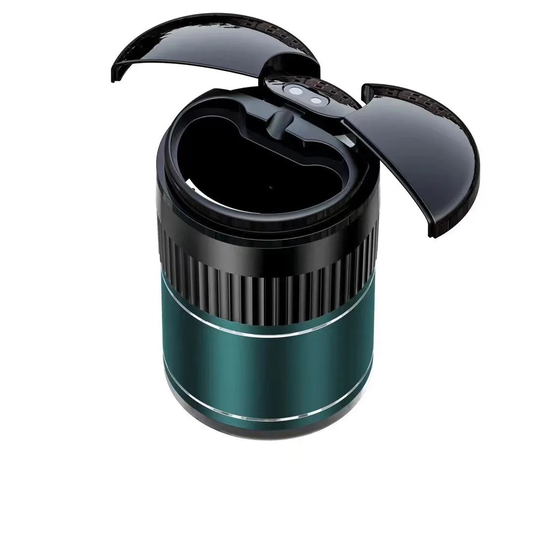 Automatic sensing metal smart ashtray with lid in black colour, showing compact 113mm x 72mm size