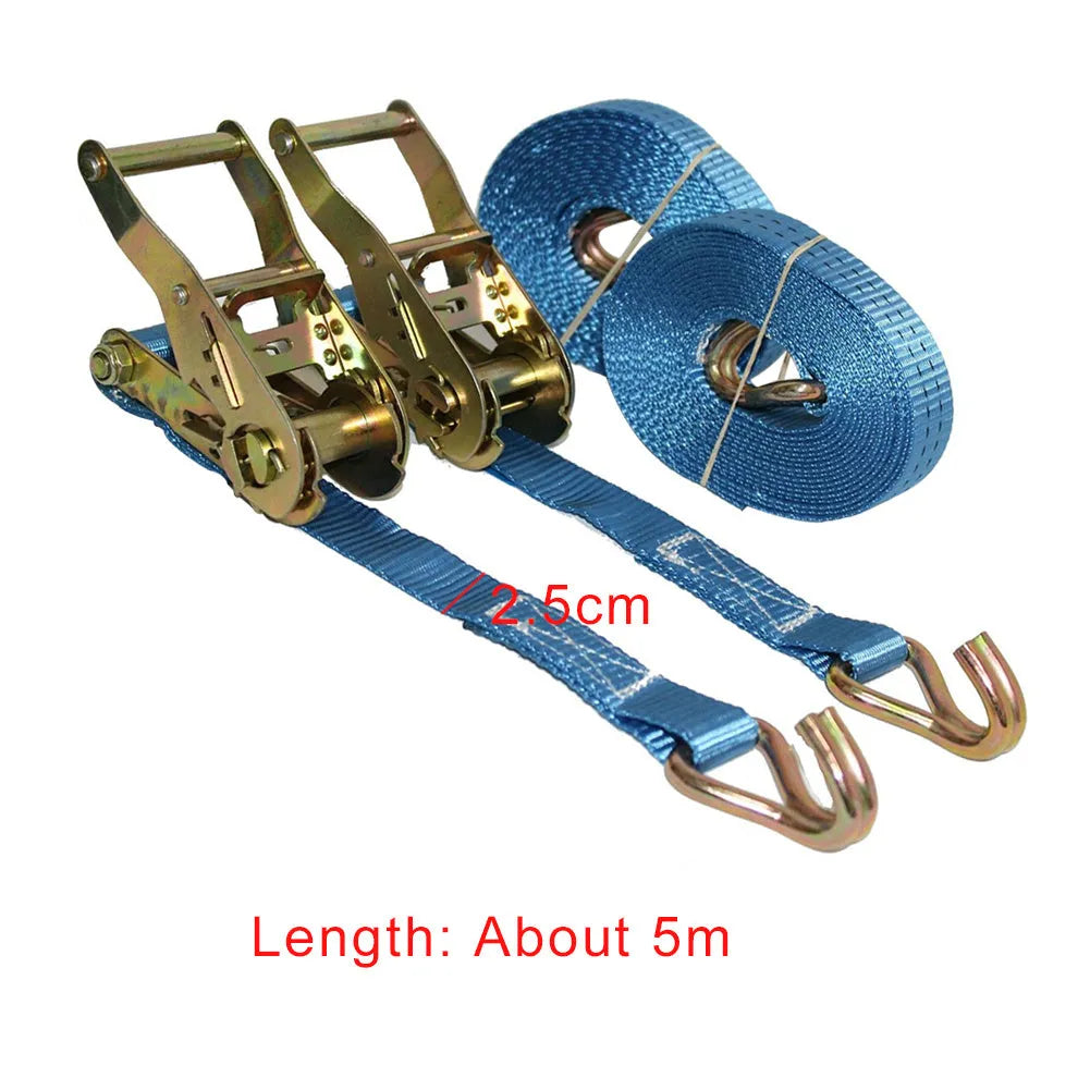 Steel ratchet tensioner with double hooks on a grey polyester strap for securing cargo.