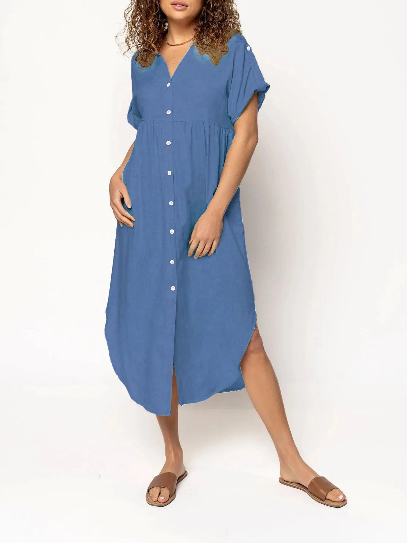 Casual mid-length button-front dress in solid colour with regular sleeves and mid-waist cut