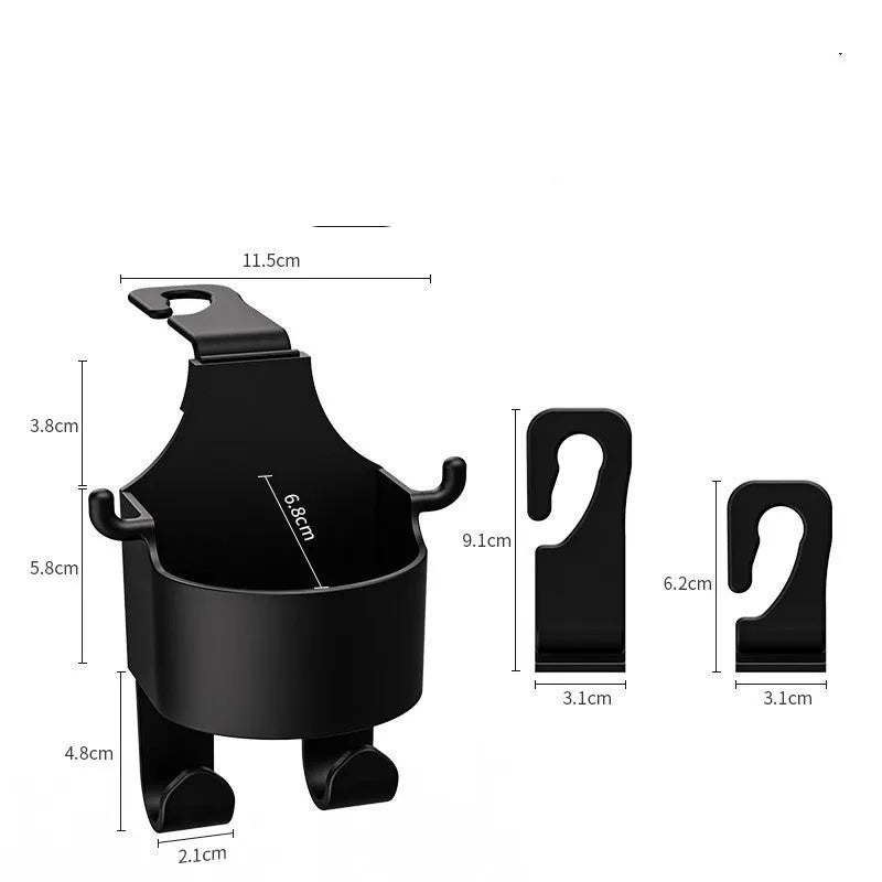 Black plastic car hook seat back accessory with cup holder and hook functions