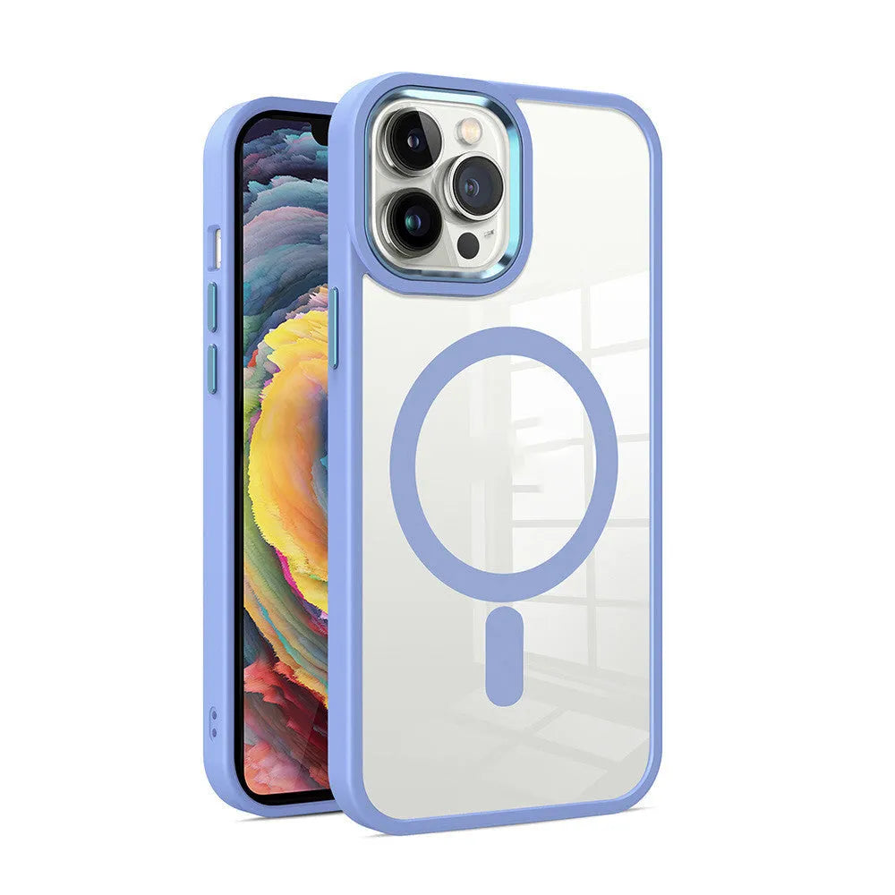 Transparent magnetic silicone phone case for iPhone showing compatibility with car mount and available in multiple colours