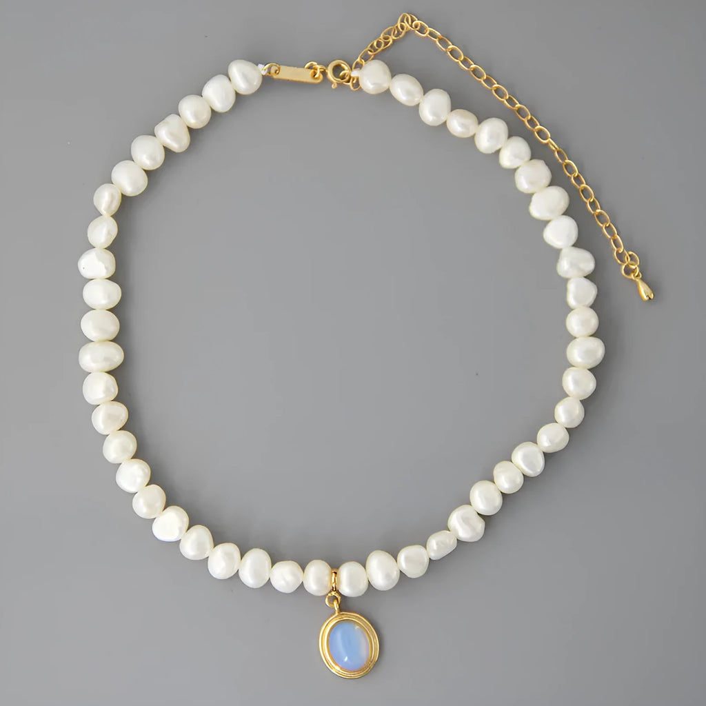 Geometric round medal pearl necklace with irregular freshwater pearls on adjustable silver chain
