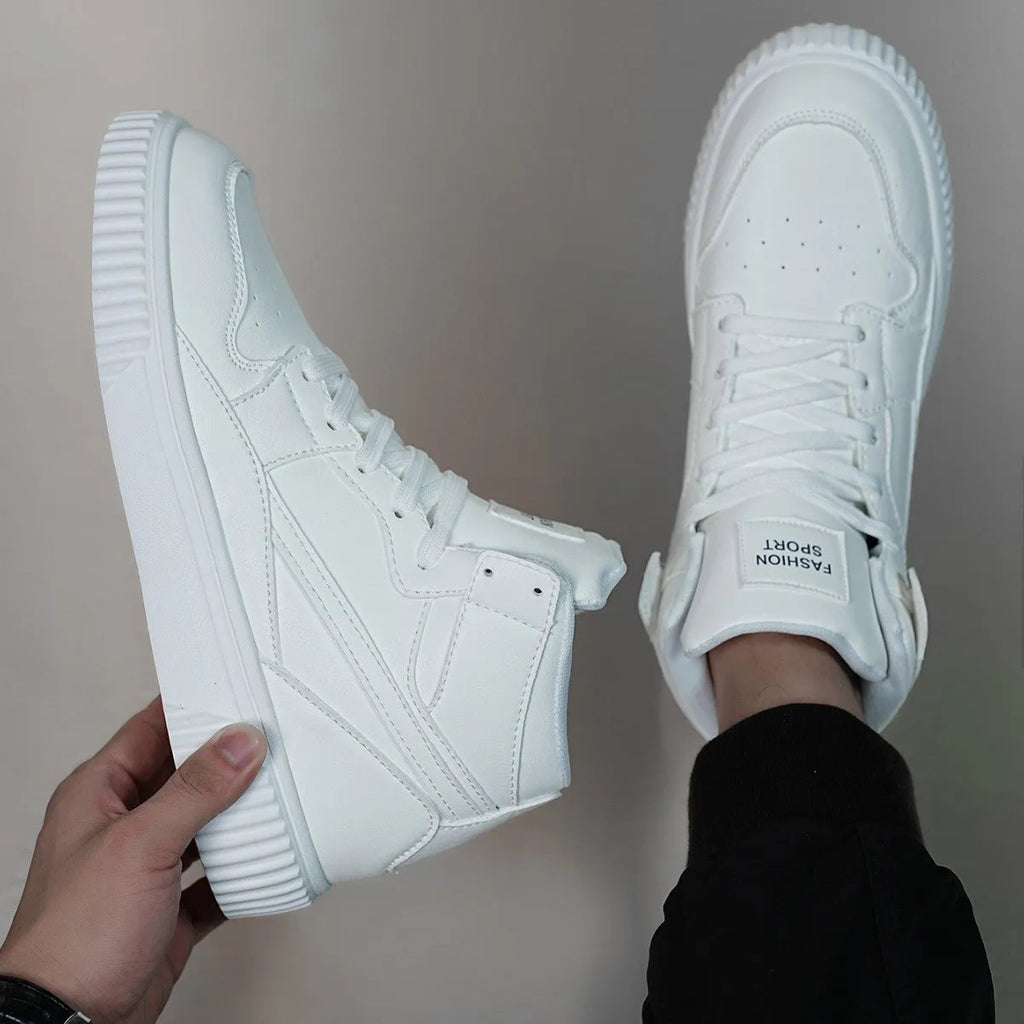 Men's solid white round-toe casual lace-up shoes with a microfiber upper.