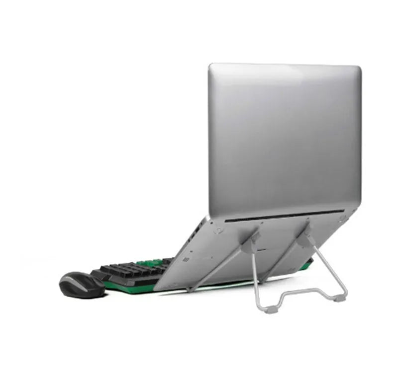 Grey foldable aluminium alloy and plastic laptop and phone stand shown in open and closed positions.