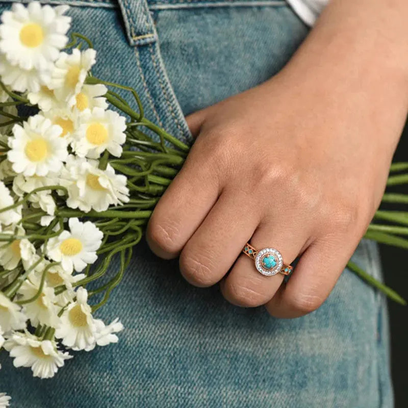 Women's turquoise ethnic style copper ring with rose gold finish and micro inlaid zircon geometric design