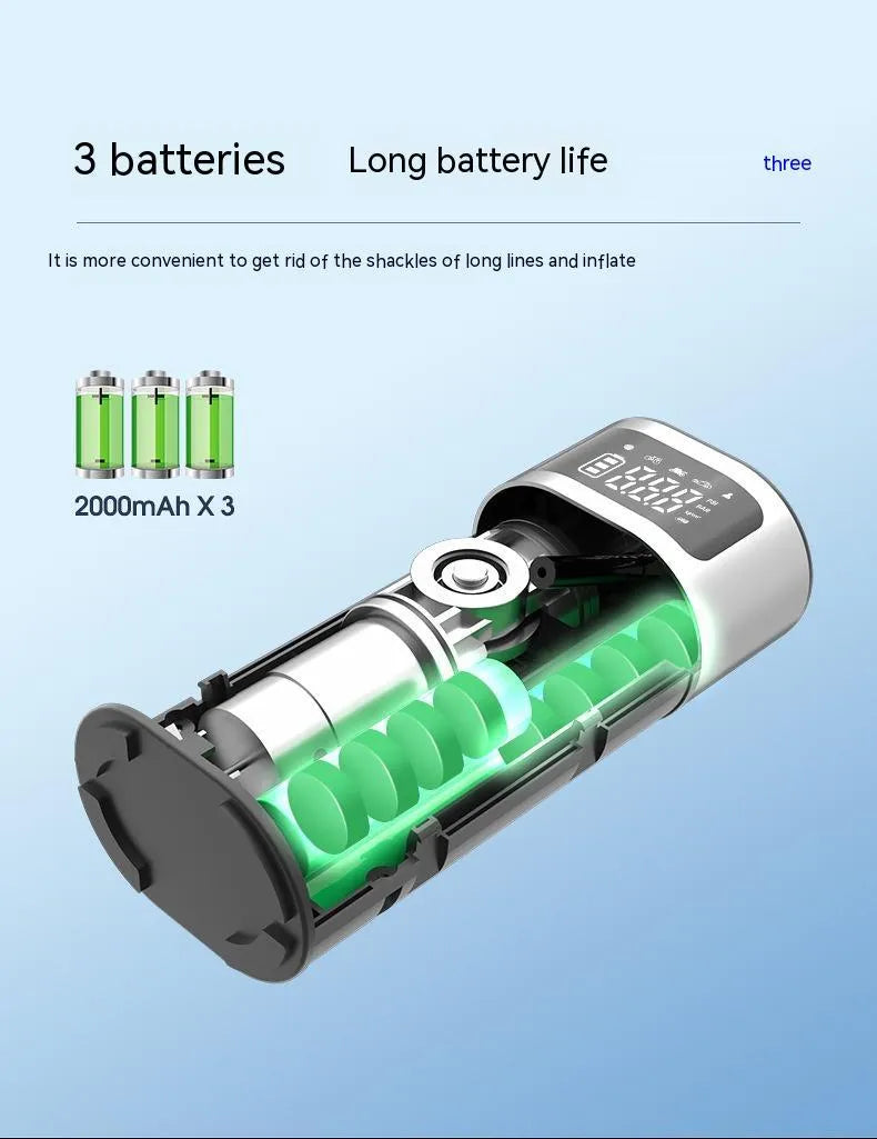 Black portable wireless vehicle air pump with digital display, LED light and flexible inflation tube
