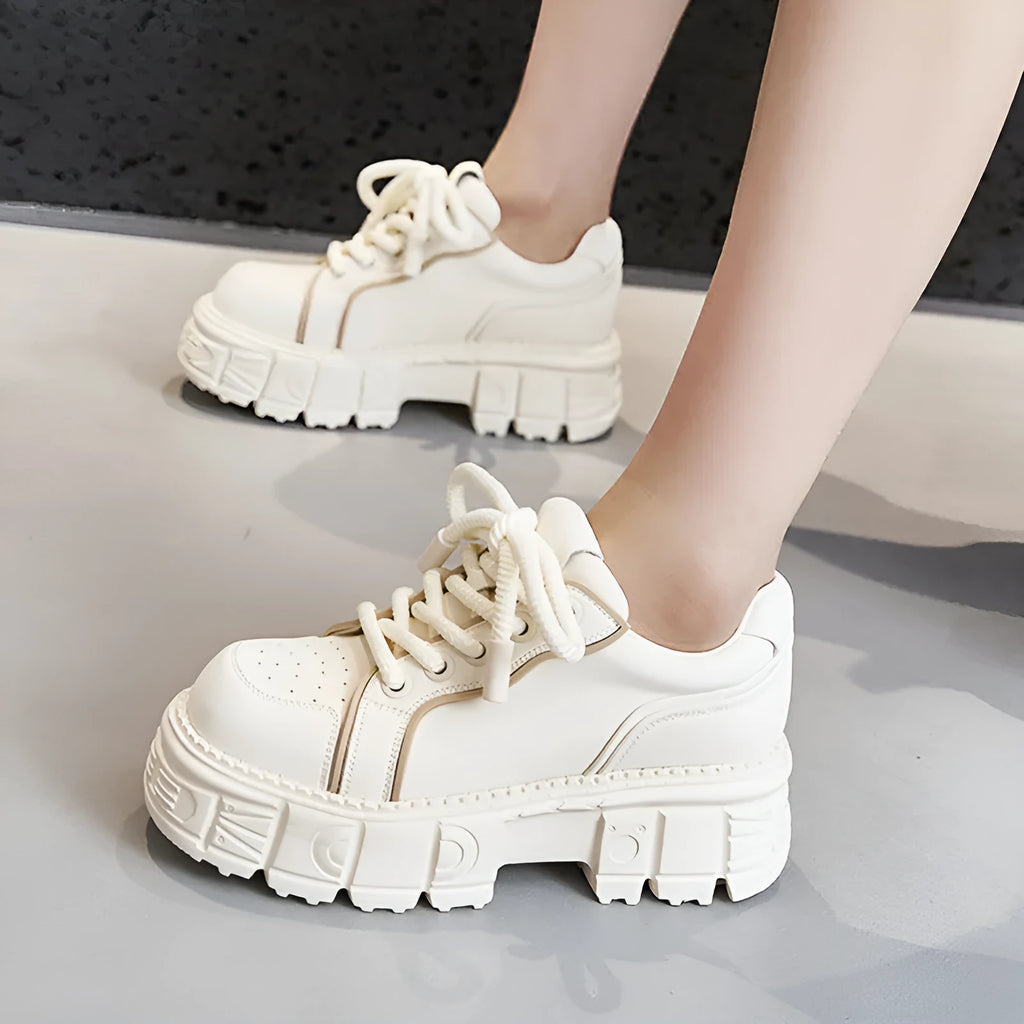 Women's leather casual shoes with spring muffin bottom design in beige or pink colours
